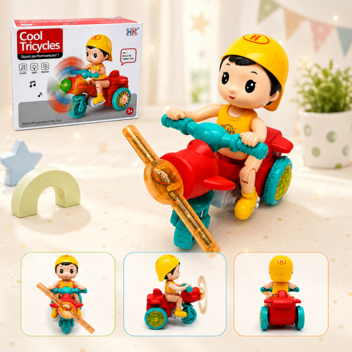 Cool Tricycles Musical Stunt Bike Toy with 360° Rotation, Flashing Lights & Music for Kids