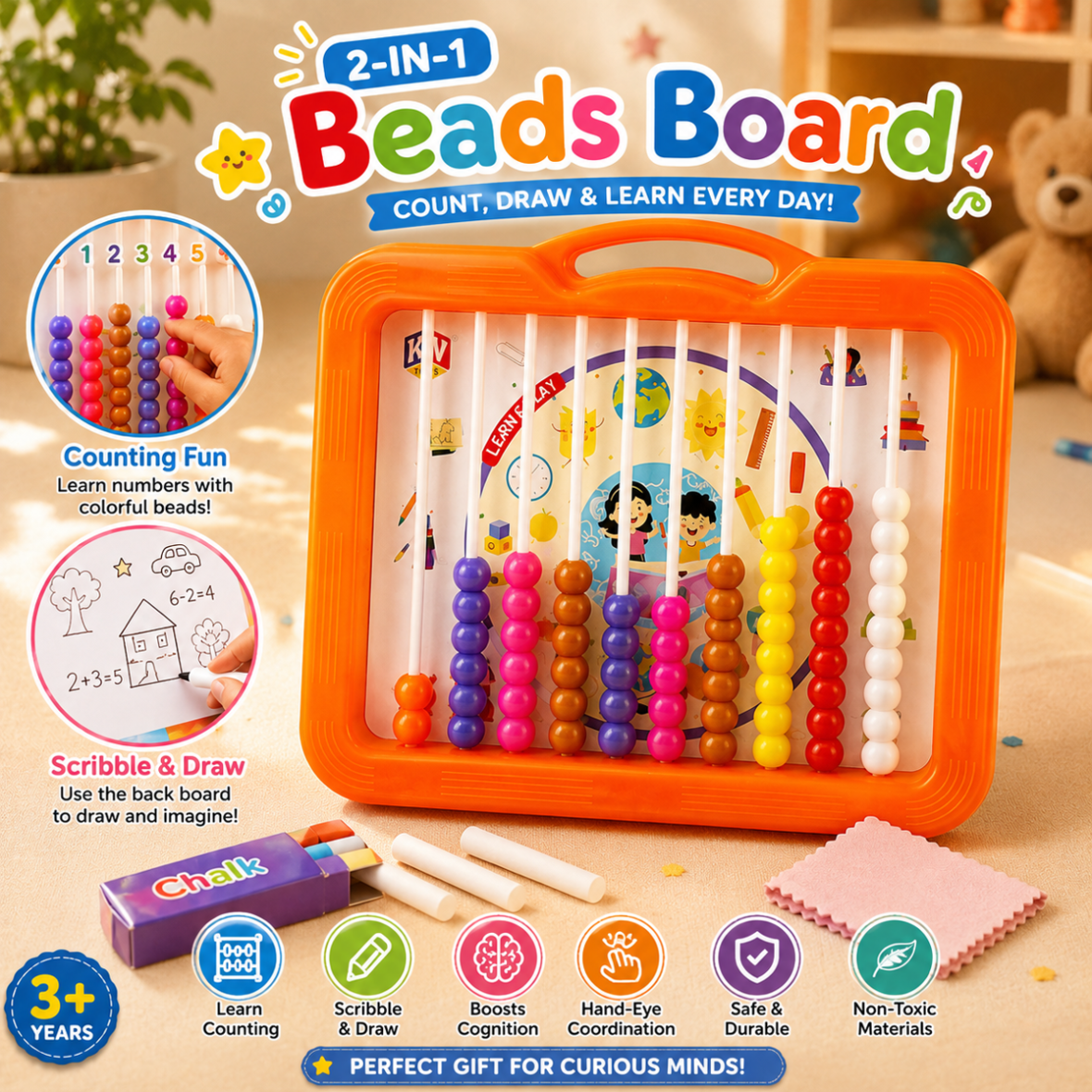 2 in 1 Educational Beads Board with Blackboard for Kids | Learning Counting & Writing Toy